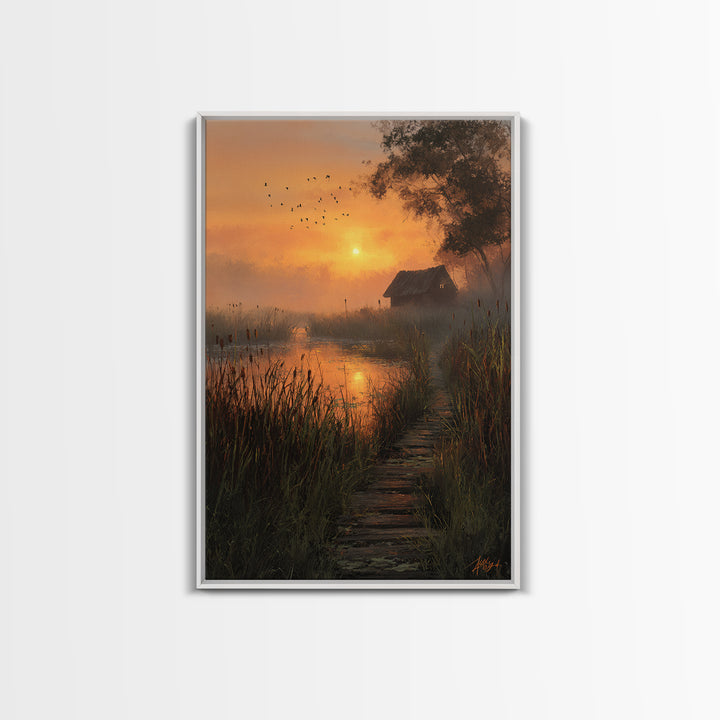 Peaceful Country Cabin At Sunlit Evening With Birds Flying Over Still Pond Serene Landscape Wall Art Print