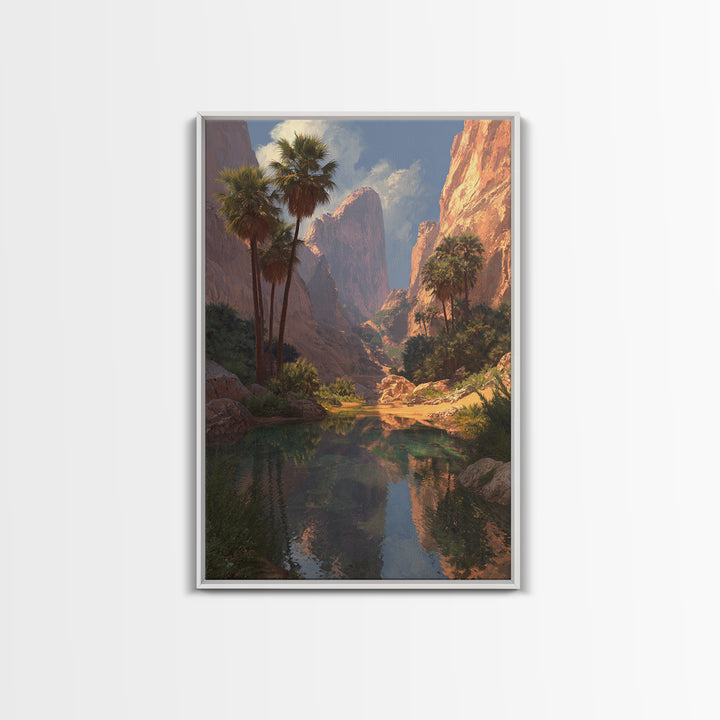 Stunning Desert Canyon Landscape Painting With Palm Trees Reflecting In Water Large Wall Art Canvas Print For Southwestern Home Decor
