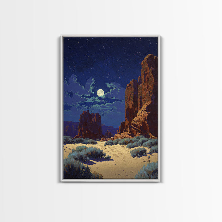 Starry Night Desert Landscape Wall Art With Moonlight Framed Canvas Print For Modern Rustic Home Decor And Cozy Living Room