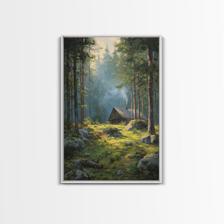 Sunset Campfire In Cozy Rustic Cabin Smoky Forest Original Oil Painting Wall Art Framed Canvas Print Warm Home Decor Nature Artwork