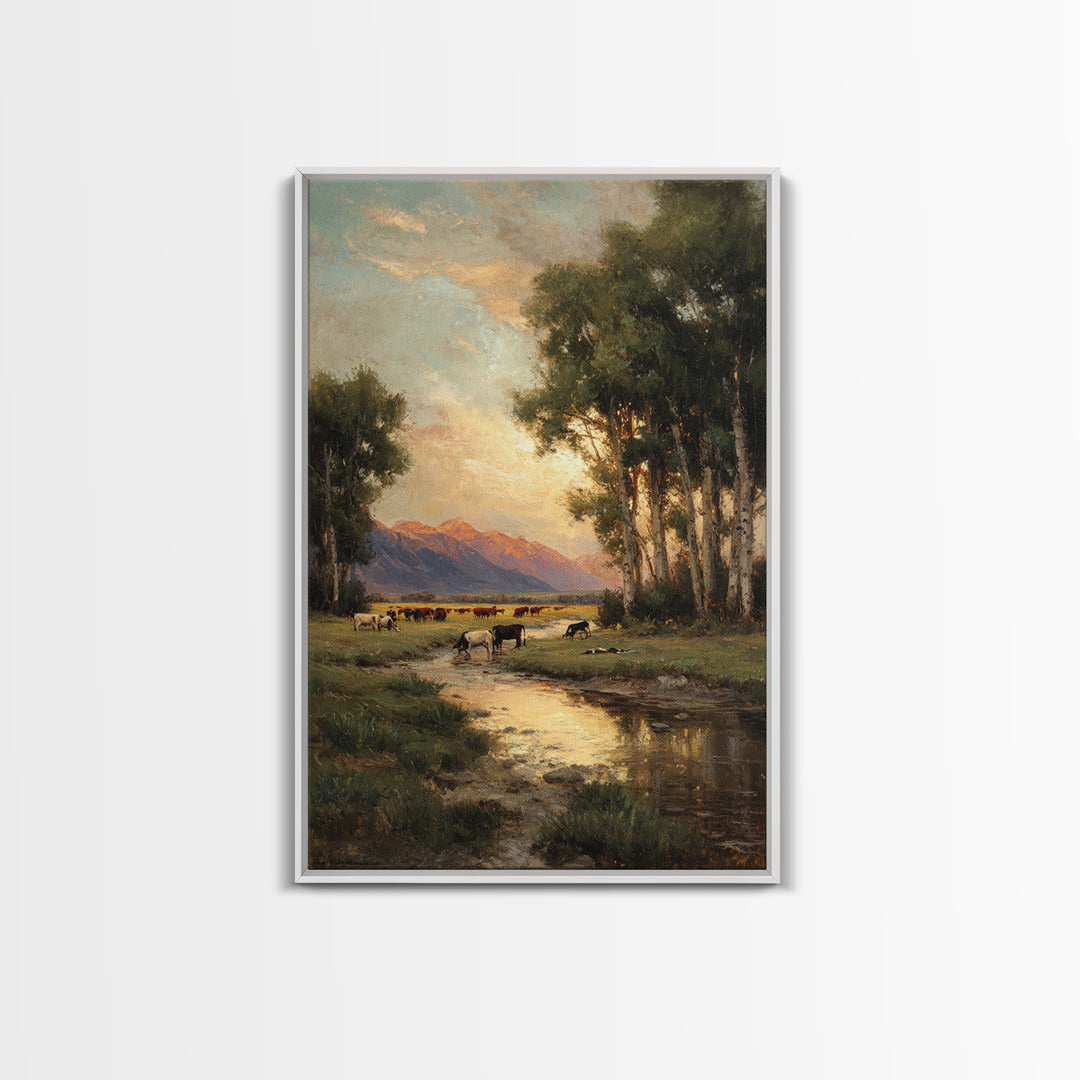 Serene Pastoral Landscape Oil Painting Artwork Featuring Cows Grazing Near Mountains Large Wall Art Canvas Print For Rustic Home Decor