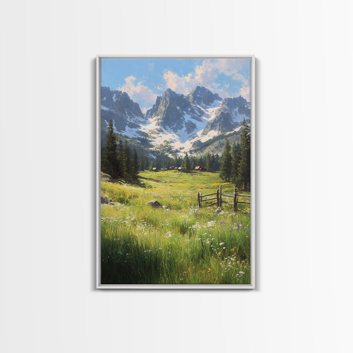 Rustic Mountain Landscape With Wildflower Meadow Original Oil Painting Large Wall Art Canvas Print