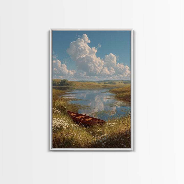 Quiet Lakeside Scene With Rowboat And Wildflowers Landscape Oil Painting Fine Art Print Wall Art