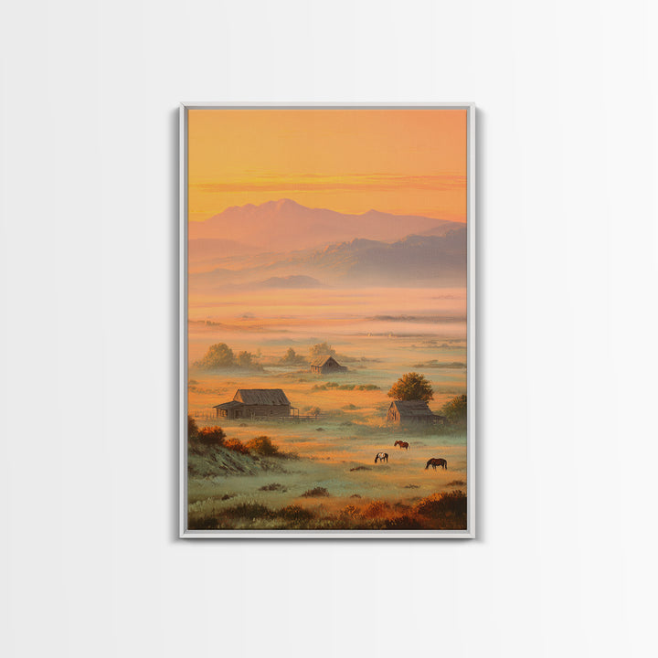 Golden Morning Mist Over Rustic Barns And Horses With Mountain Background Wall Art For Cozy Living Room Decor