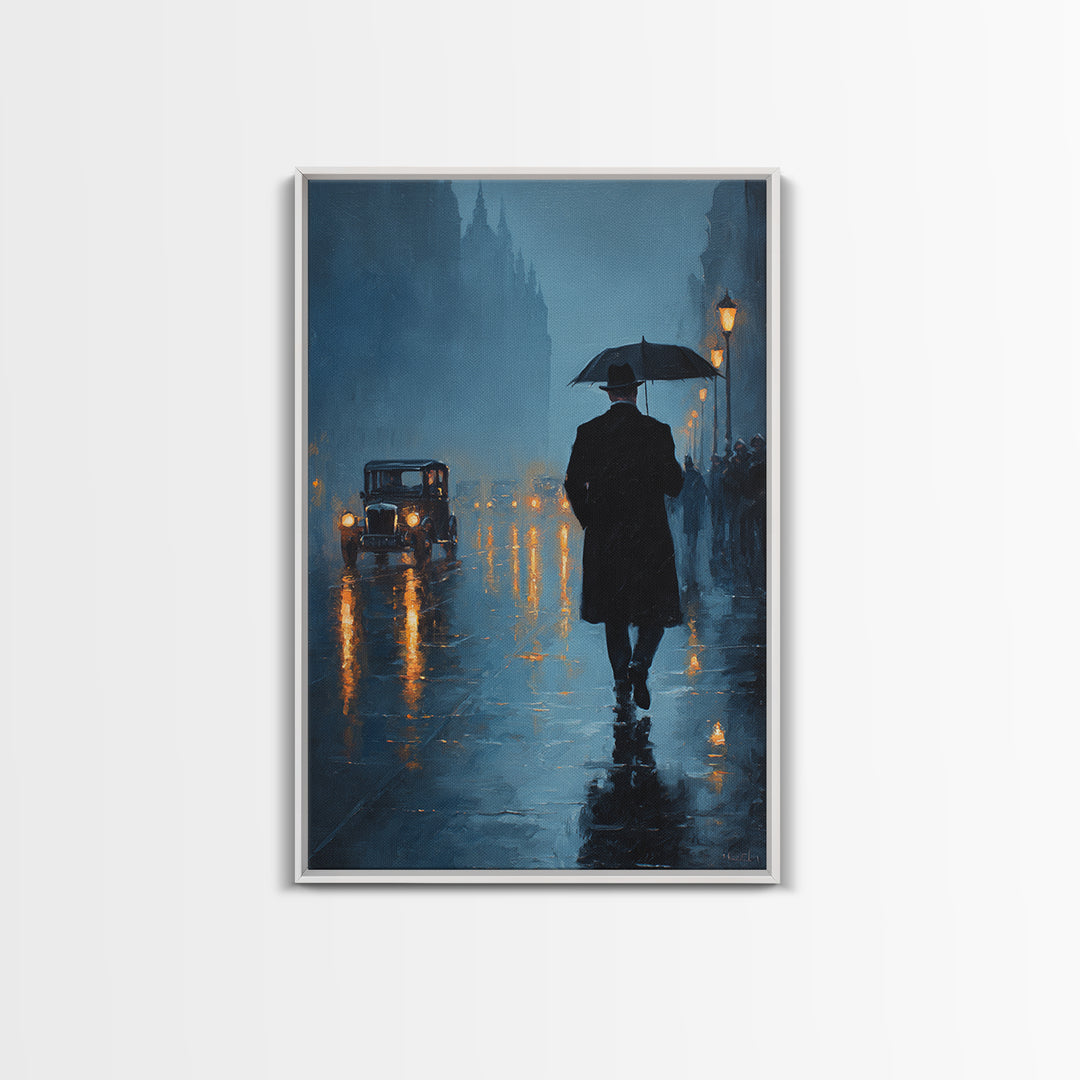 Rainy London Street With Umbrella Wall Art, Moody Blue Cityscape Oil Painting Print For Living Room Office Decor And Dark Academia