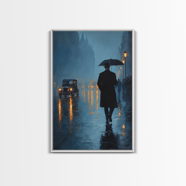 Rainy London Street With Umbrella Wall Art, Moody Blue Cityscape Oil Painting Print For Living Room Office Decor And Dark Academia