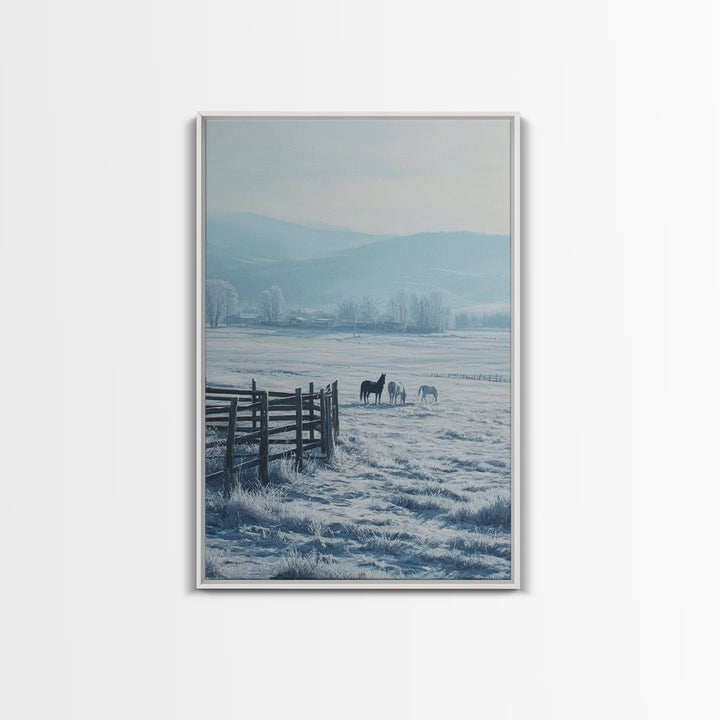 Winter Landscape Painting With Horses In Snowy Field Featuring Wooden Fence Pastel Tones Canvas Print For Rustic Home Decor