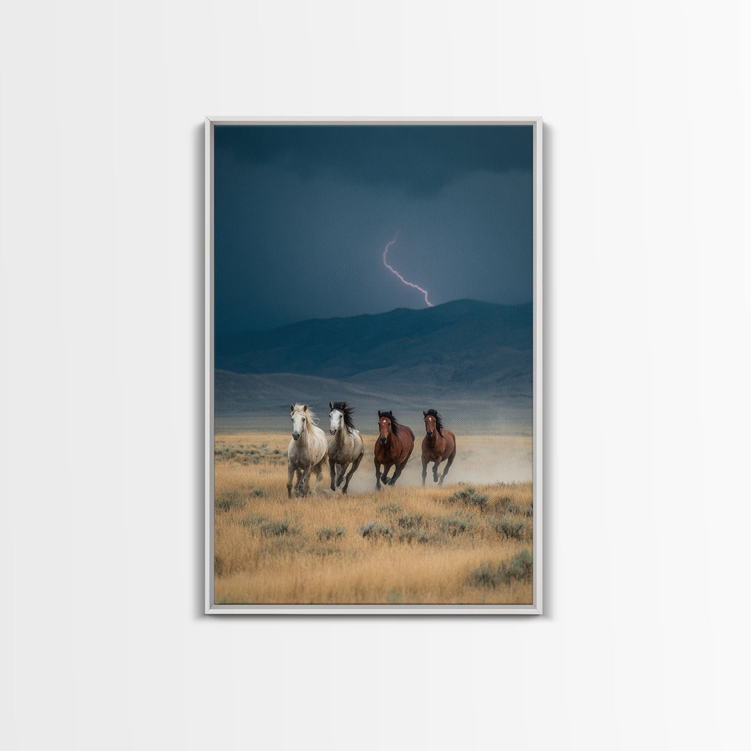Wild Horses Running Amid Stormy Landscape Canvas Print, Dramatic Animal Wall Art, Rustic Western Home Decor