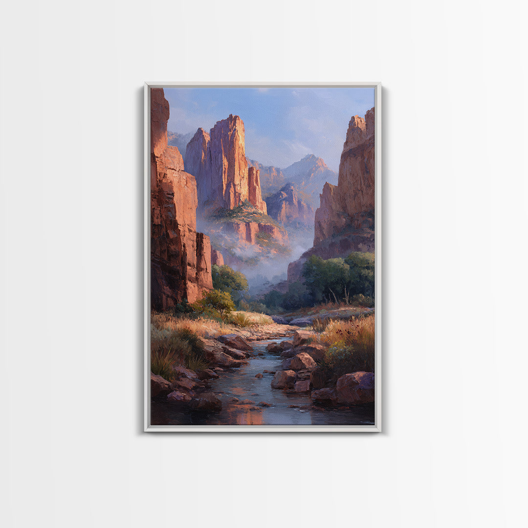 Classic Landscape Oil Painting Canyon River Wall Art Framed Canvas Print For Rustic Home Decor And Gifts