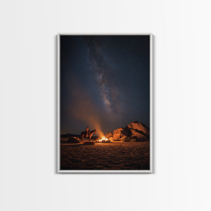 Wild West Cowboy By Campfire Under Starry Night Sky Large Wall Art Canvas Print For Rustic Western Home Or Man Cave Decor