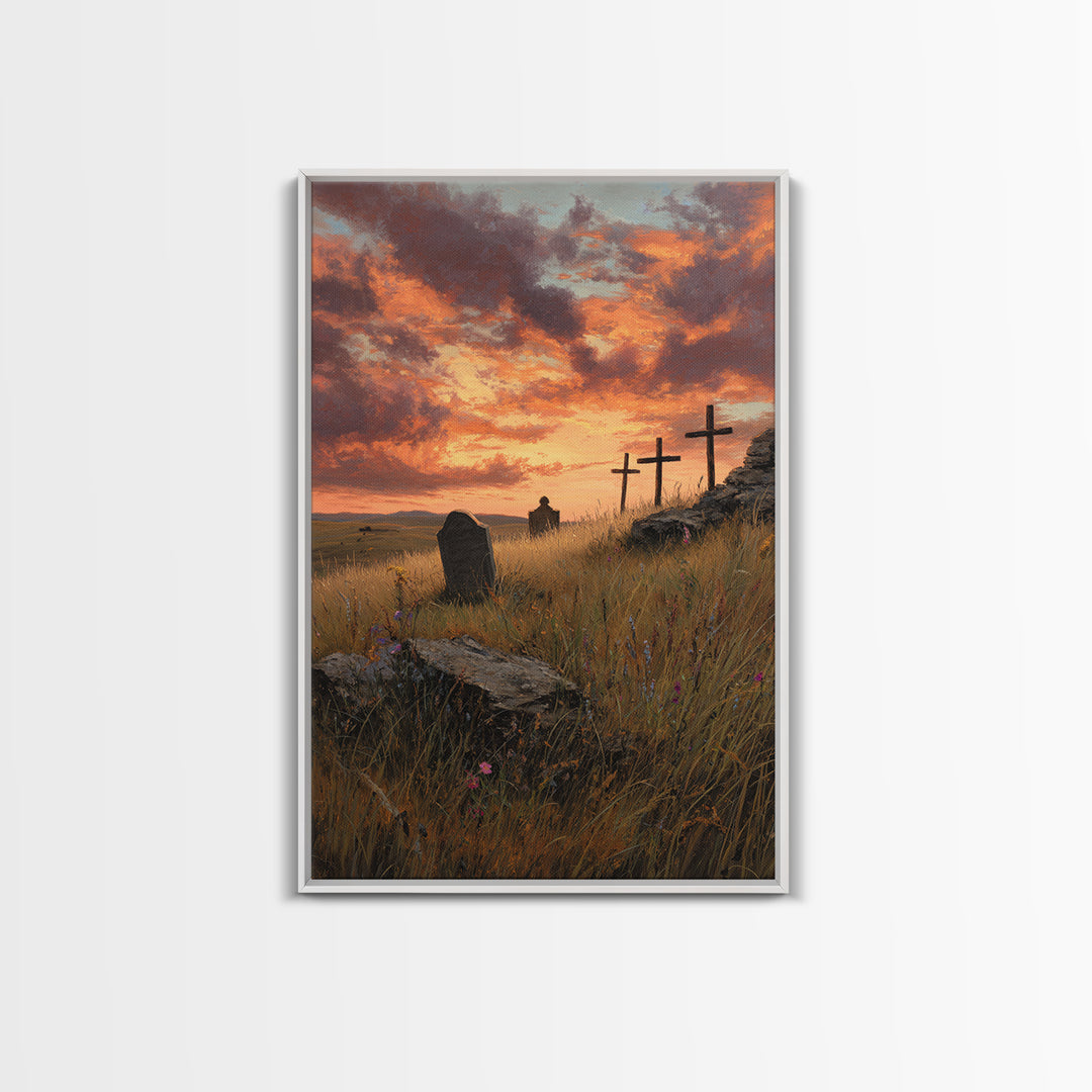 Sunset Cemetery Scene Oil Painting With Striking Sky And Crosses Wall Art Framed Canvas Print For Living Room Decor