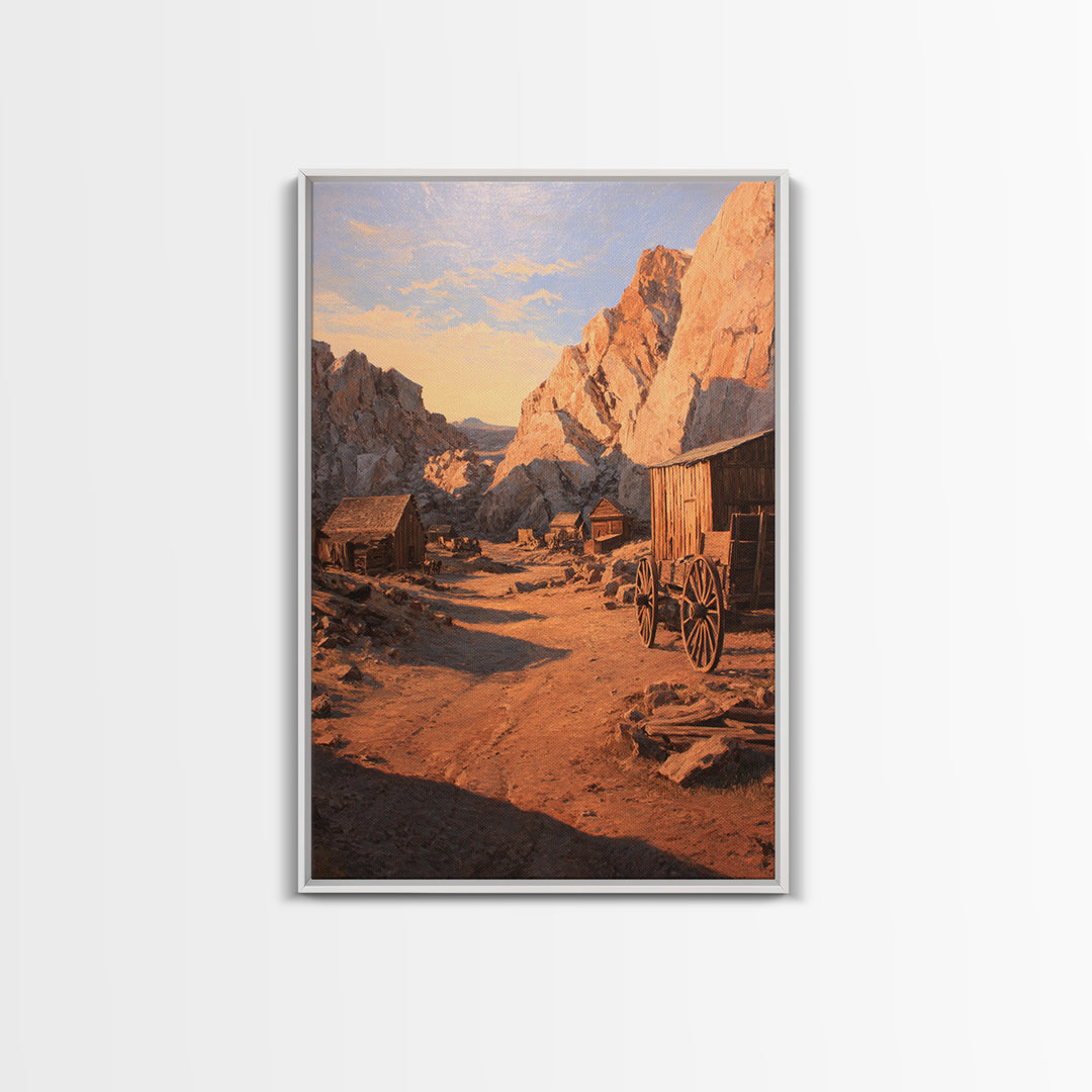 Rustic Western Homestead Scene Wall Art Depicting Mountain Landscape With Old Wagon Large Wall Art Framed Canvas Print