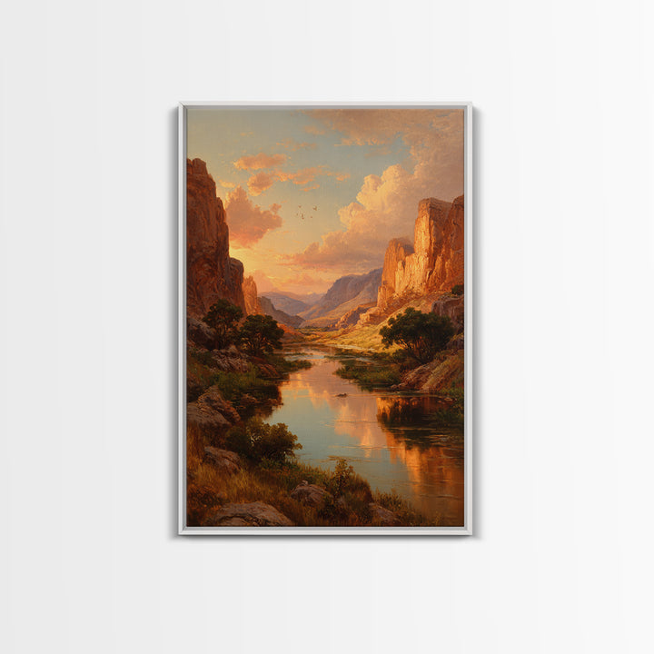Sunset Over Majestic Canyon Landscape River Reflection Wall Art Framed Canvas Print For Rustic Home Decor