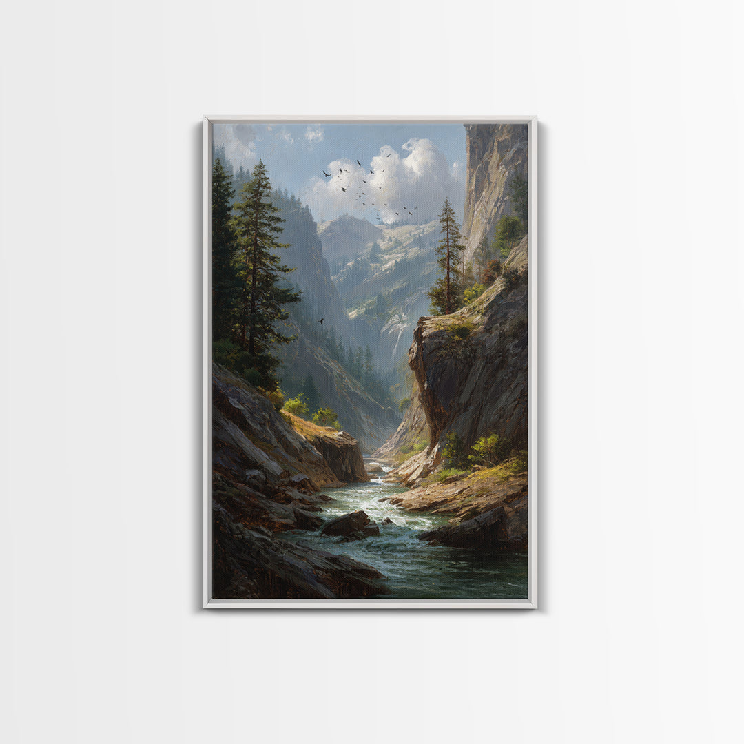 Majestic Mountain Canyon Landscape With Stream And Birds Original Oil Painting Canvas Print For Living Room Decor