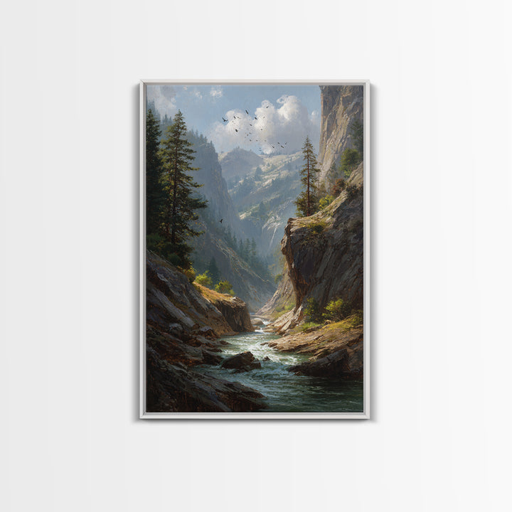 Majestic Mountain Canyon Landscape With Stream And Birds Original Oil Painting Canvas Print For Living Room Decor