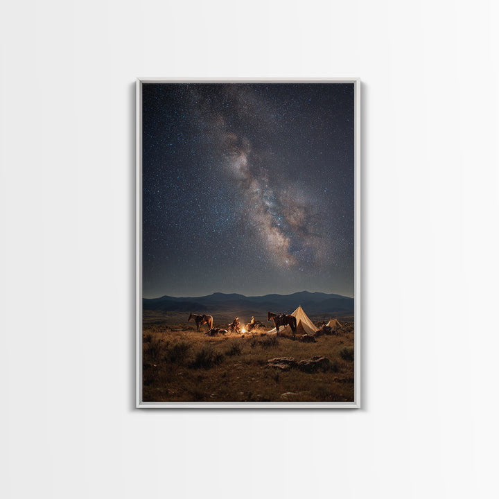 Cowboys Campfire Under Star Filled Night Sky Photography Canvas Print For Rustic Wall Art And Western Home Decor Framed