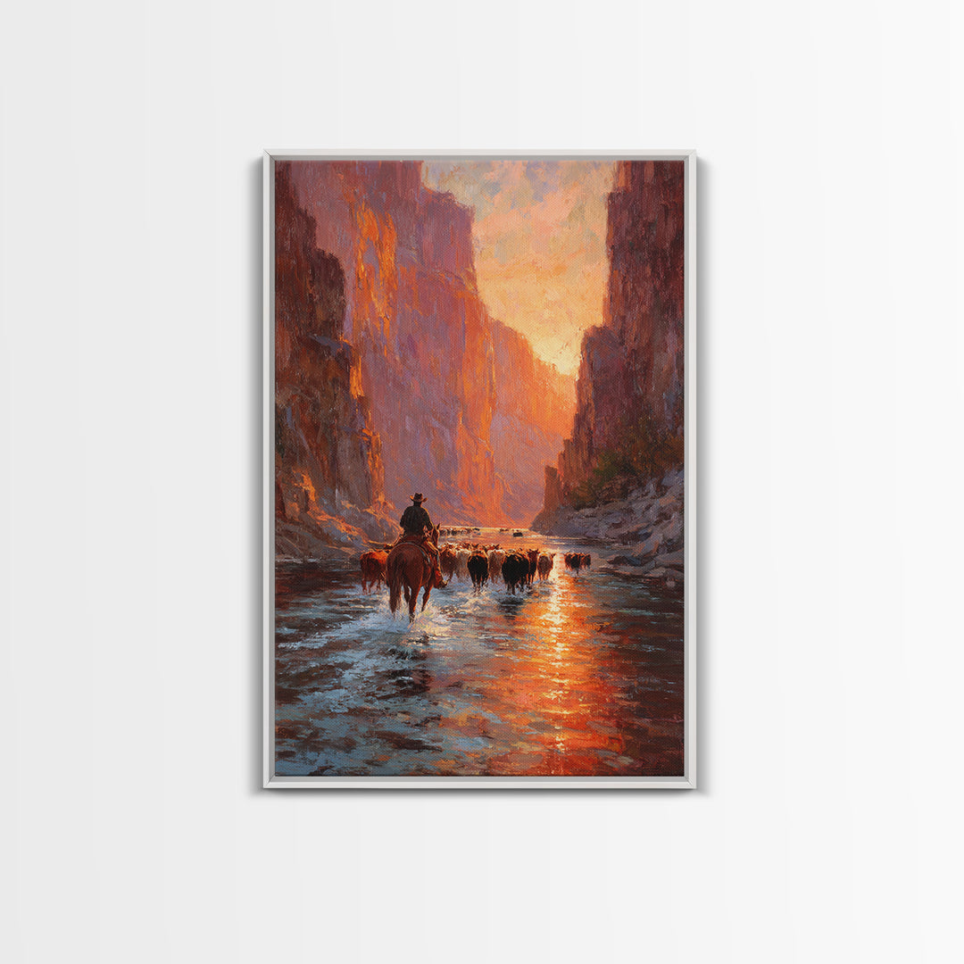 Cowboy Herding Cattle Through Sunlit Canyon Scene Classic Western Oil Painting Framed Canvas Print For Rustic Wall Art Farmhouse Décor