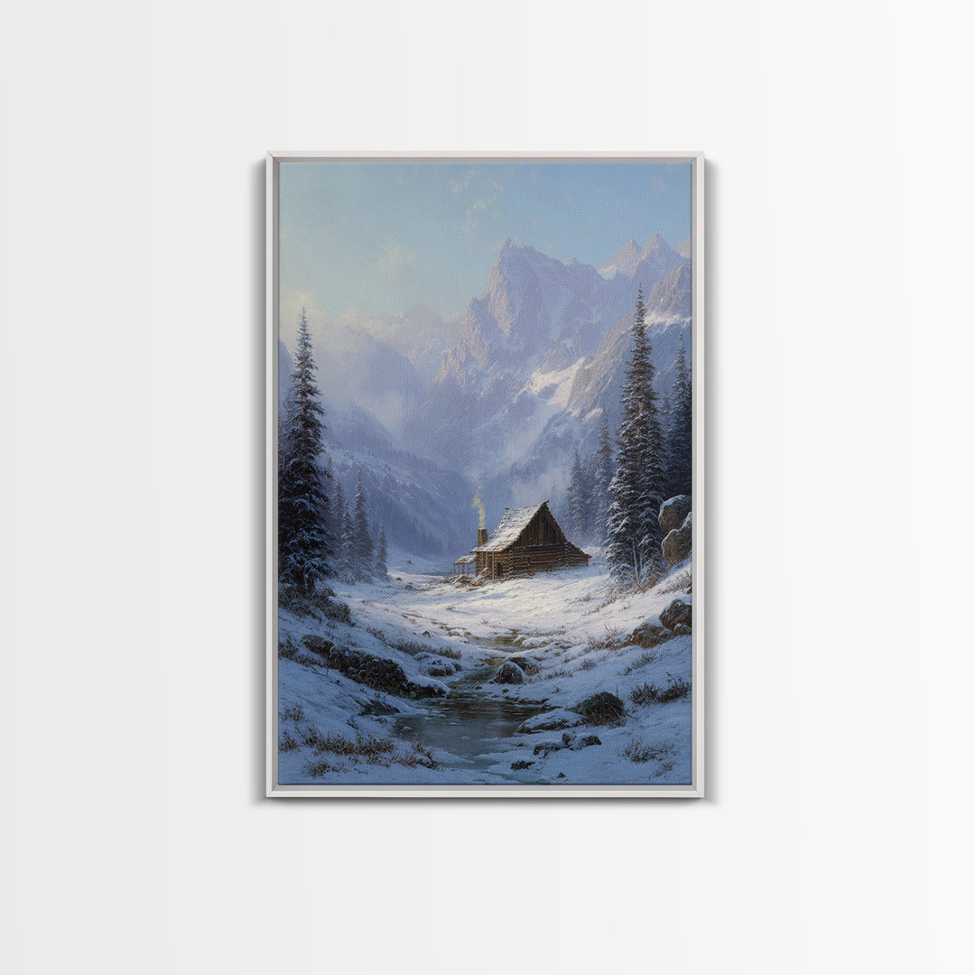 Winter Mountain Cabin Oil Painting Framed Canvas Print Rustic Snow Landscape Wall Art For Cozy Home Decor