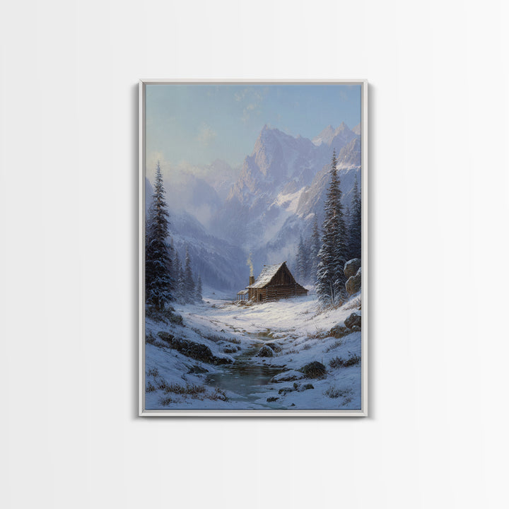 Winter Mountain Cabin Oil Painting Framed Canvas Print Rustic Snow Landscape Wall Art For Cozy Home Decor