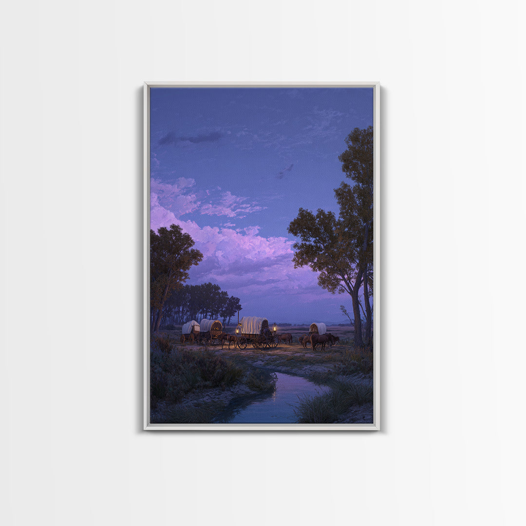 Peaceful Wagons At Twilight Sunset Landscape Large Wall Art Framed Canvas Print For Rustic Home Decor