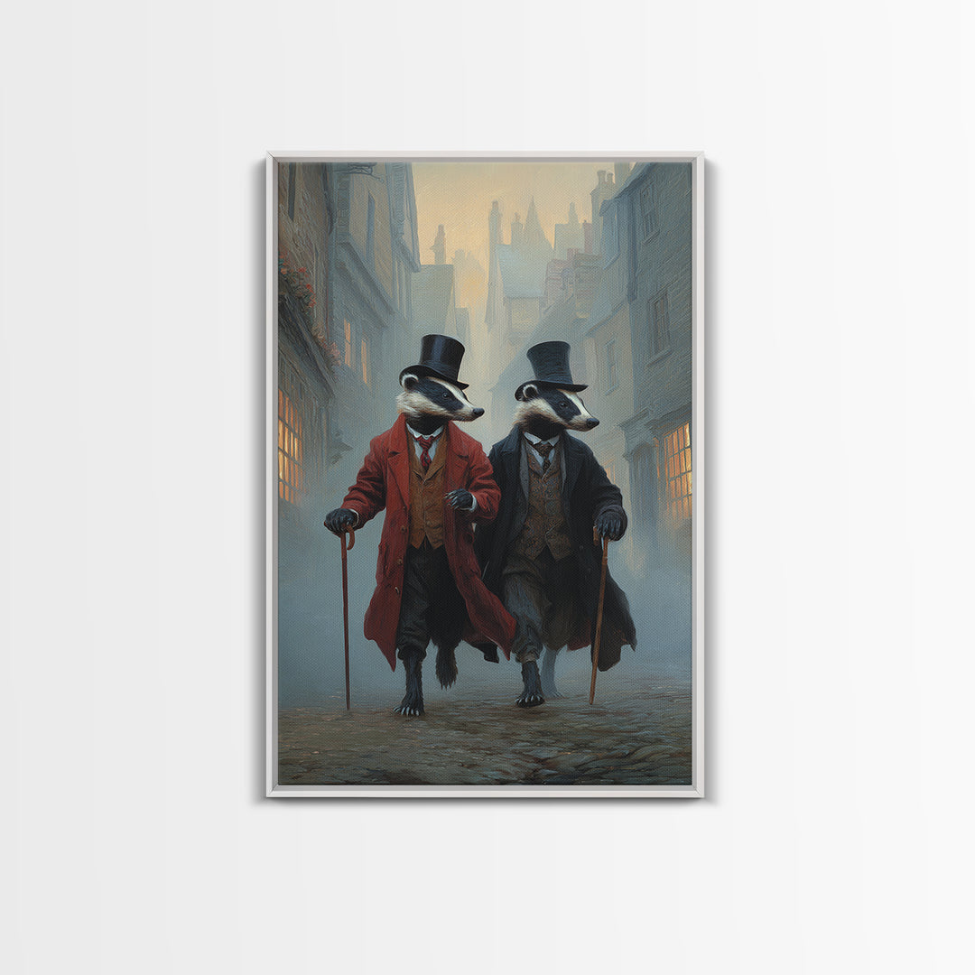 Dapper Badger Gentlemen Walking In Foggy City Canvas Print, Whimsical Animal Wall Art For Nursery Room And Eclectic Decor