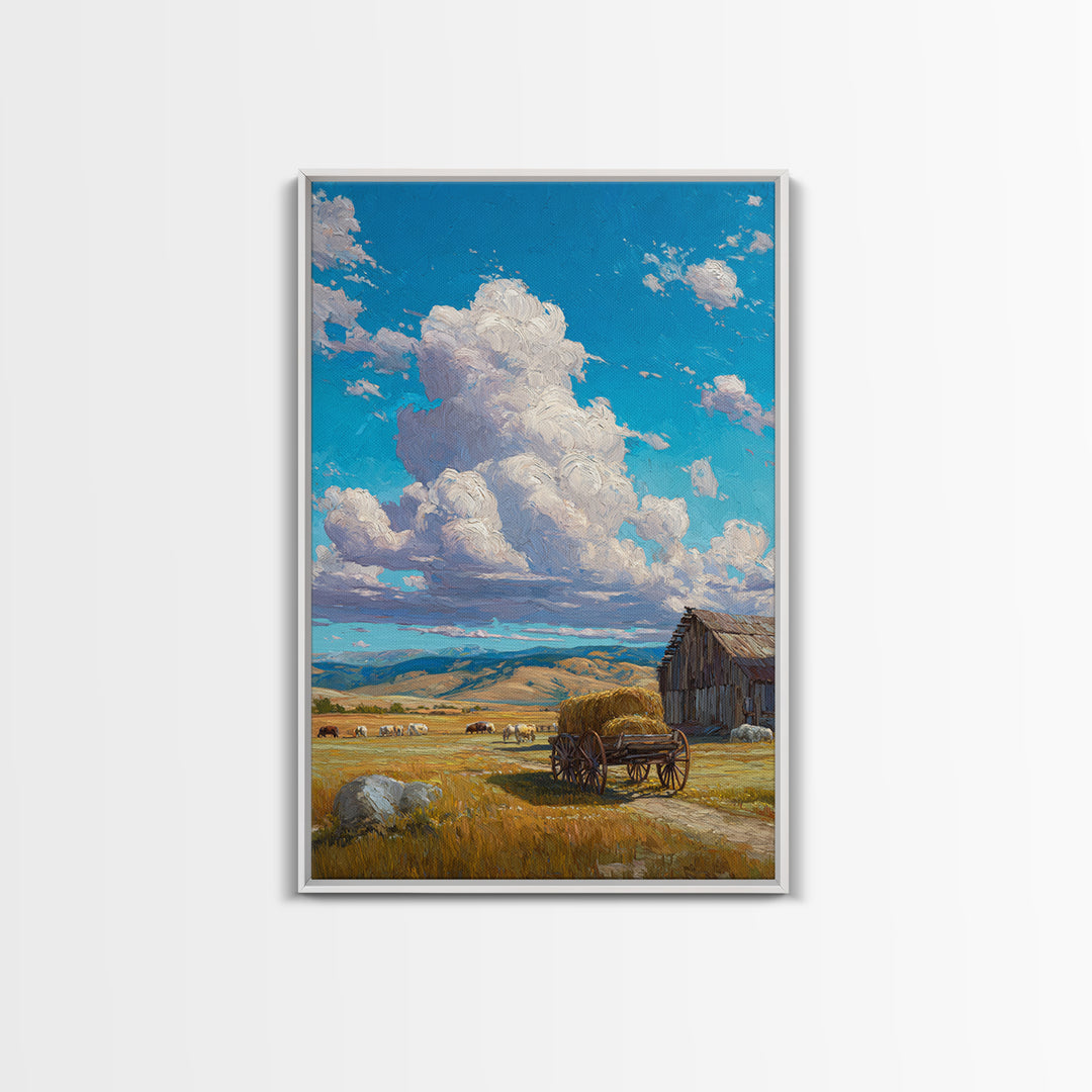 Rustic Country Farm Scene With Barn Cart And Livestock Large Wall Art Framed Canvas Print For Farmhouse Home Decor And Living Room