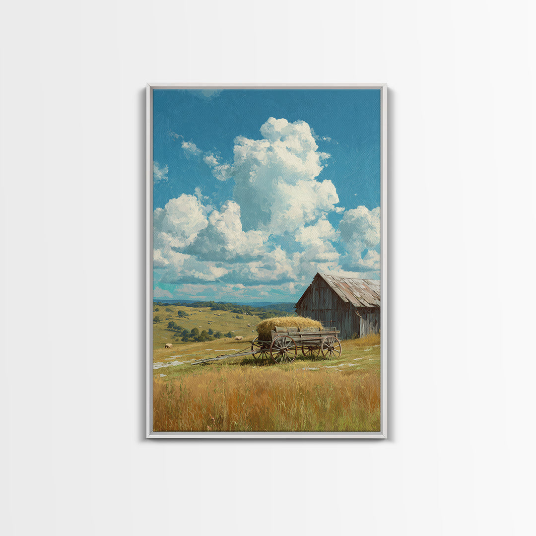 Bright Sunlit Barn And Field Landscape Painting Wall Art Canvas Print For Cozy Farmhouse Rustic Decor