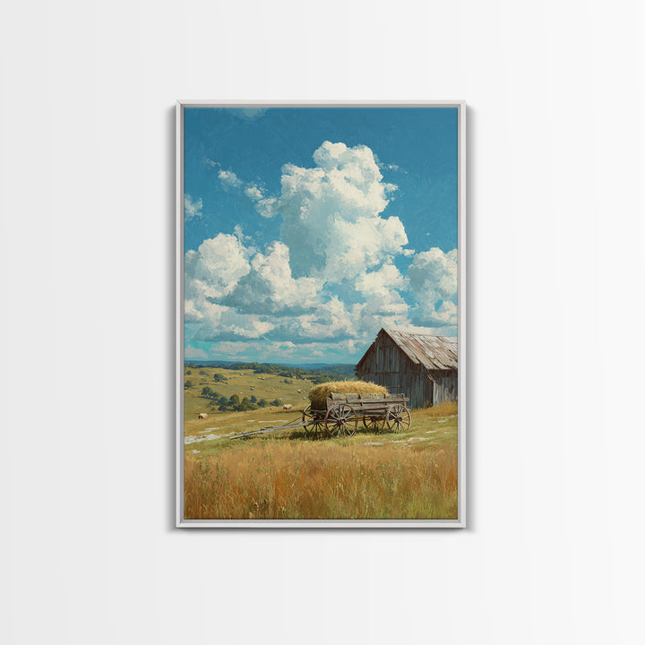Bright Sunlit Barn And Field Landscape Painting Wall Art Canvas Print For Cozy Farmhouse Rustic Decor