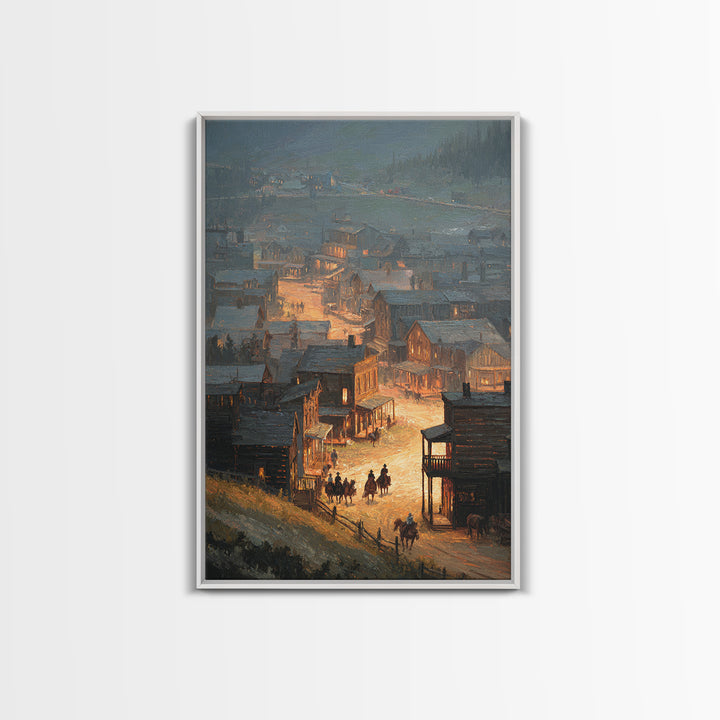 Old Western Town At Dusk Oil Painting Framed Canvas Print Large Wall Art For Rustic Home Decor And Living Room Wall Art