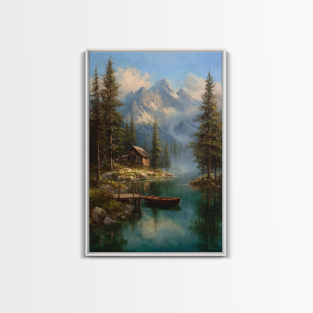 Tranquil Mountain Lake Cabin Scene Oil Painting Landscape Wall Art Canvas Print Rustic Home Decor Nature Lover Gift