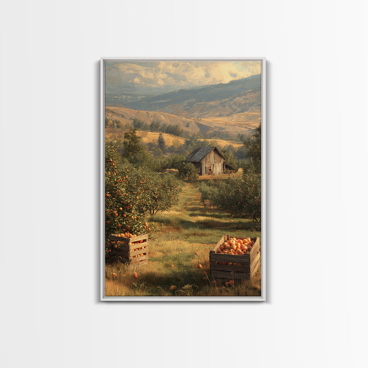 Classic Rustic Orchard Landscape Painting Framed Canvas Print For Farmhouse Decor And Country Home Wall Art