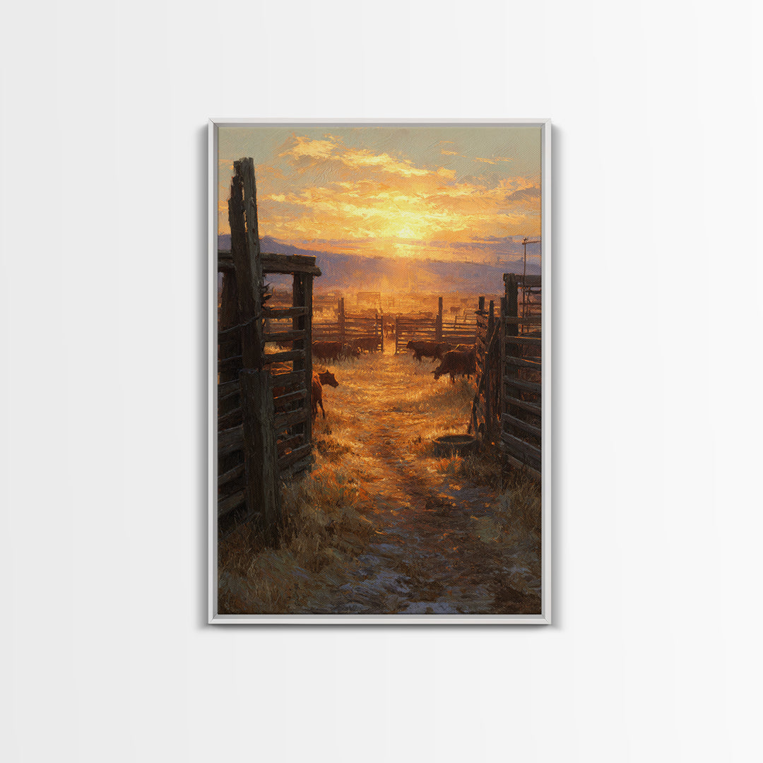 Sunset Over Rustic Cattle Farm Landscape Wall Art Framed Canvas Print For Western Home Decor And Cozy Living Room