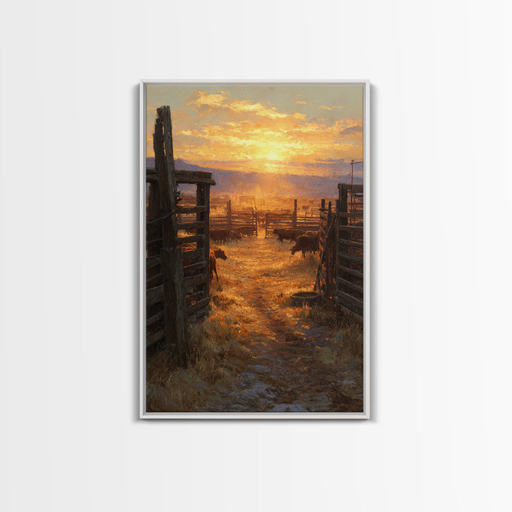 Sunset Over Rustic Cattle Farm Landscape Wall Art Framed Canvas Print For Western Home Decor And Cozy Living Room