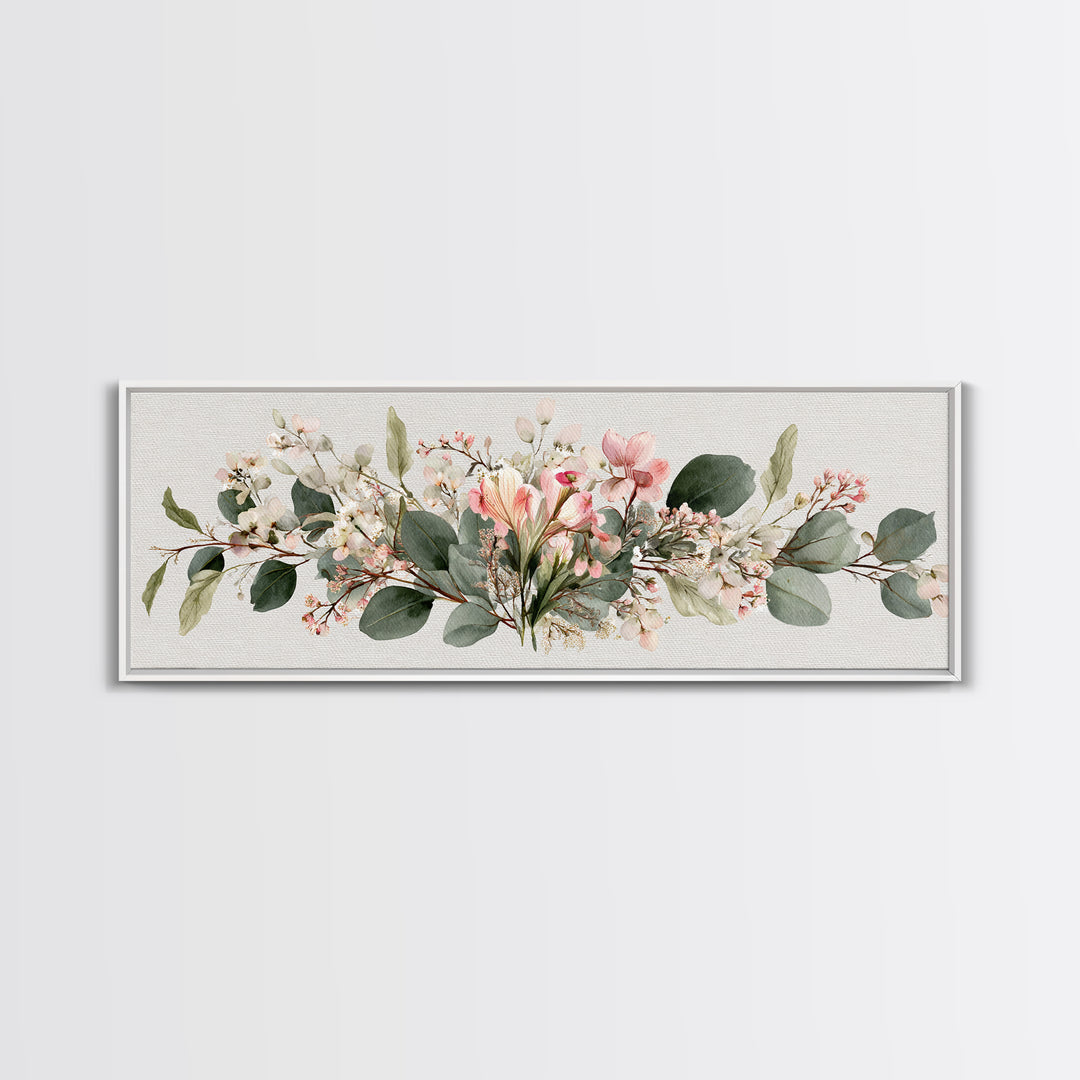 Soft Eucalyptus And Blush Magnolia Garland Wall Art, Panoramic Botanical Print, Neutral Floral Decor, Above Bed Canvas Print