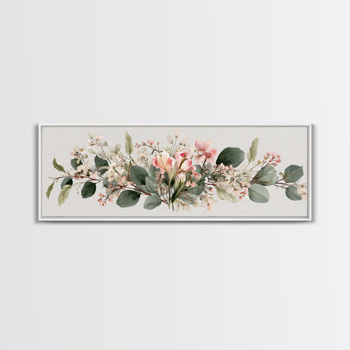 Soft Eucalyptus And Blush Magnolia Garland Wall Art, Panoramic Botanical Print, Neutral Floral Decor, Above Bed Canvas Print