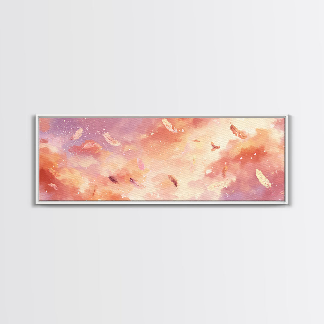 Pink Feather Cloud Sky Wall Art, Dreamy Celestial Canvas Print, Pastel Nursery Decor, Whimsical Bedroom Wall Decor, And Above Bed Art