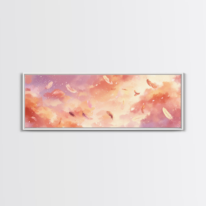 Pink Feather Cloud Sky Wall Art, Dreamy Celestial Canvas Print, Pastel Nursery Decor, Whimsical Bedroom Wall Decor, And Above Bed Art