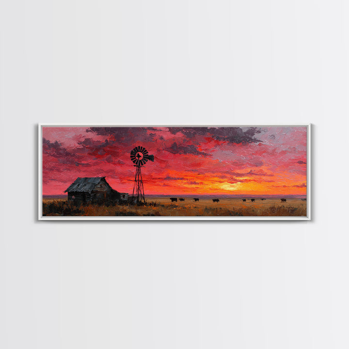 Rustic Windmill Homestead Sunset Wall Art, Western Landscape Canvas Print For Farmhouse Decor, Country Living Room Art Gift