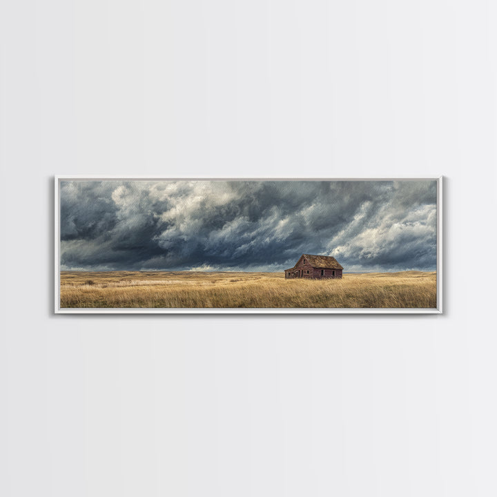 Abandoned Farmhouse Under Storm Clouds Wall Art, Moody Prairie Landscape Canvas, Rustic Country Decor For Living Room, Large Print
