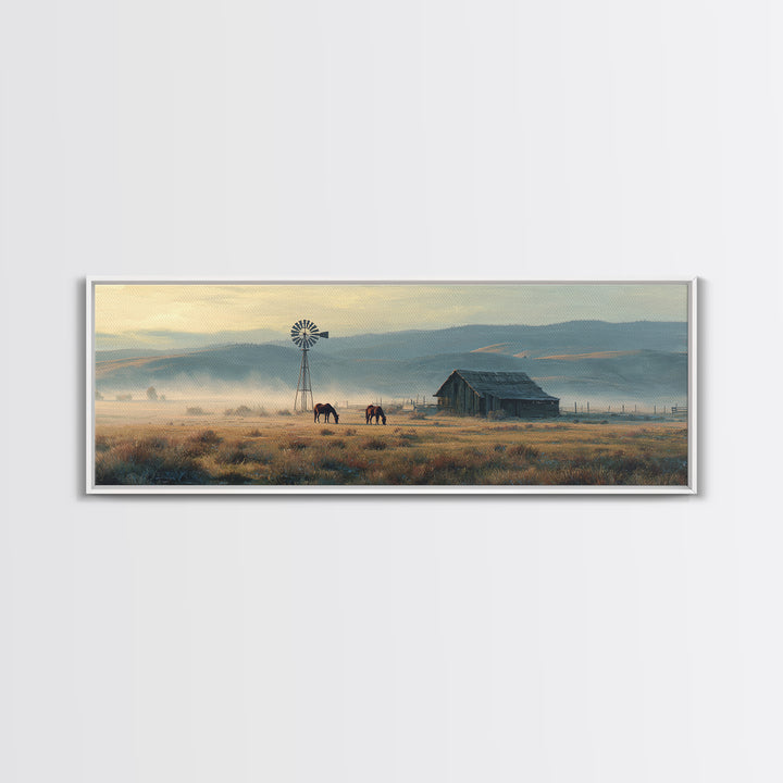 Misty Western Ranch Windmill Framed Canvas Print, Rustic Farmhouse Wall Art With Horses For Country Home Decor Gift Idea