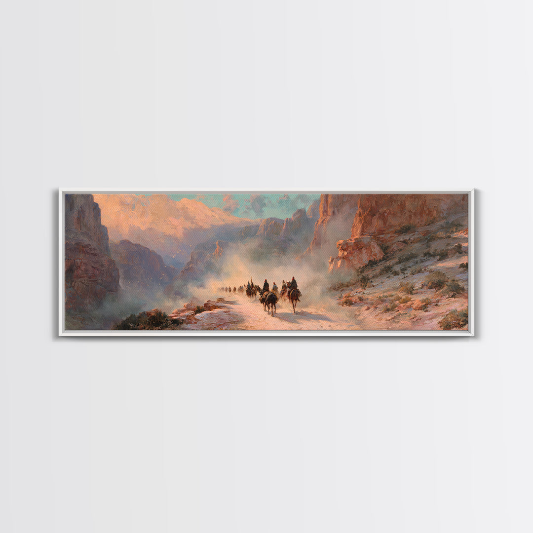 Western Riders In Sunlit Canyon Wall Art, Cowboy Landscape Painting, Southwestern Decor, Rustic Canvas Print For Living Room