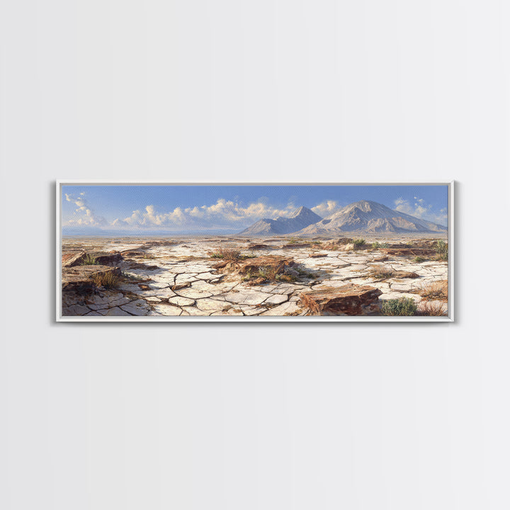 Cracked Desert Plain With Distant Mountains Wall Art, Southwestern Landscape Print, Earth Tone Home Decor, Large Canvas Print