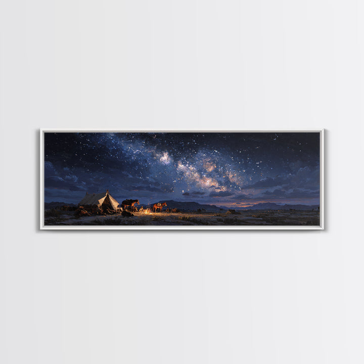 Starry Night Desert Camp With Horses Wall Art, Milky Way Western Landscape Canvas Print, Rustic Cowboy Decor For Living Room