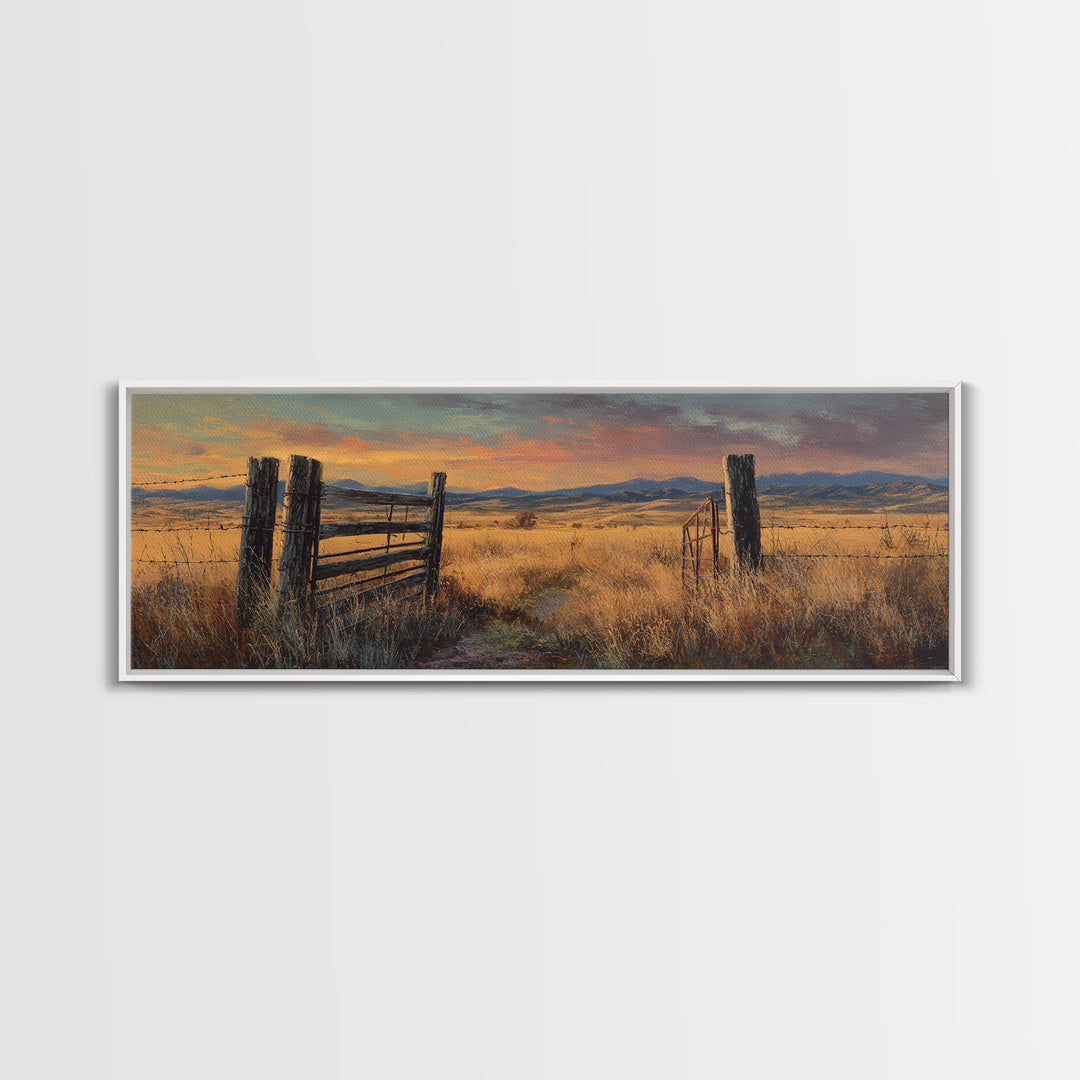 Weathered Fence And Golden Prairie Framed Canvas Print, Rustic Country Wall Art, Farmhouse Landscape, Warm Neutral Decor