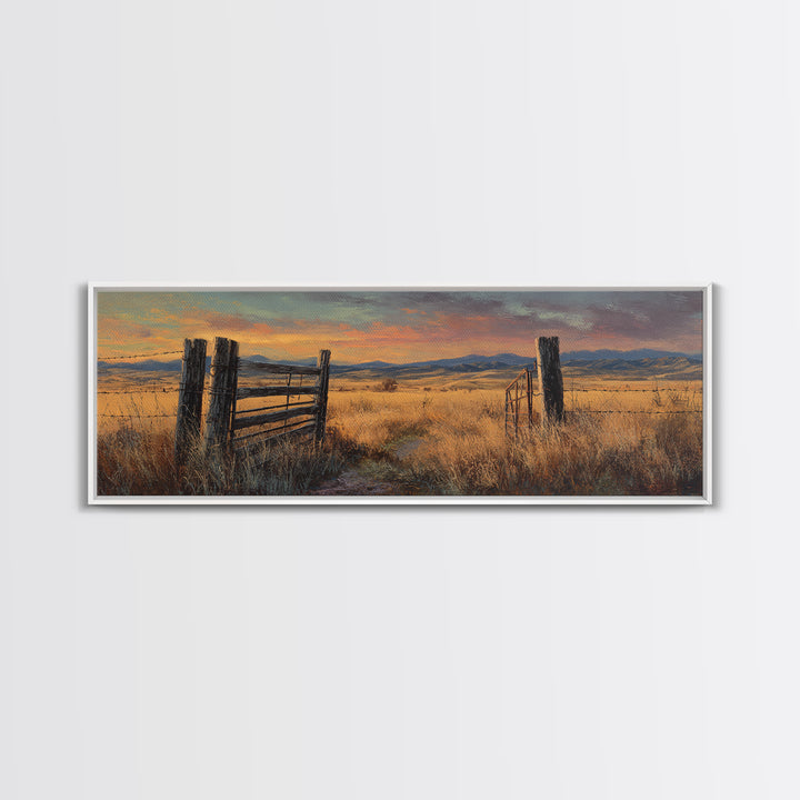 Weathered Fence And Golden Prairie Framed Canvas Print, Rustic Country Wall Art, Farmhouse Landscape, Warm Neutral Decor
