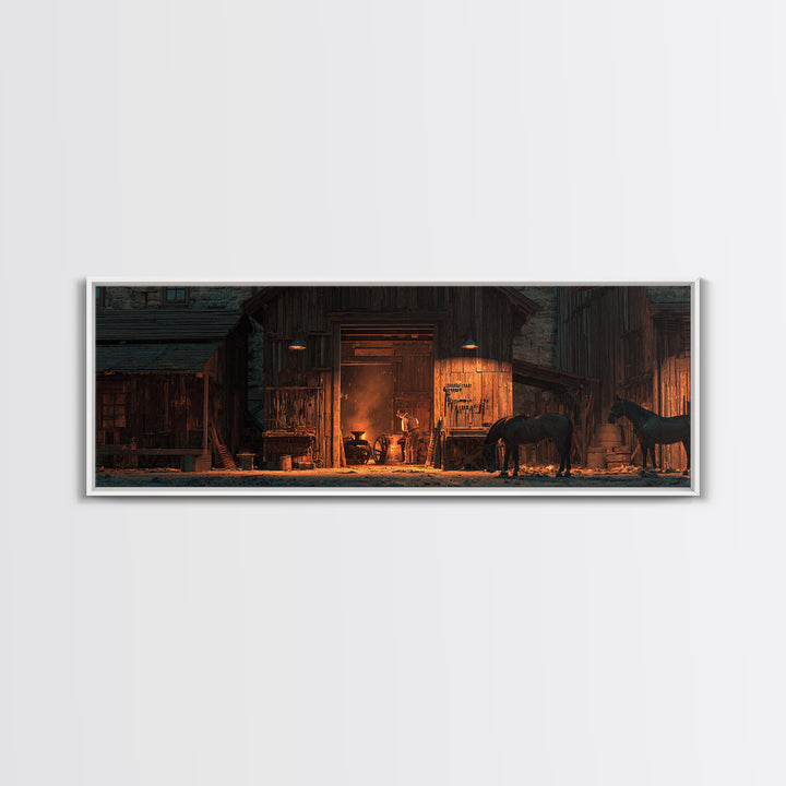 Rustic Horse Barn Wall Art, Warm Western Stable At Night, Farmhouse Ranch Decor, Cowboy Living Room Large Framed Canvas Print