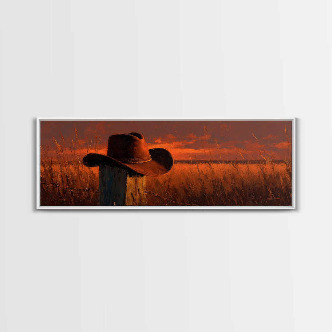 Weathered Cowboy Hat At Golden Sunset Wall Art, Western Ranch Decor, Rustic Country Landscape Print, Farmhouse Canvas Print