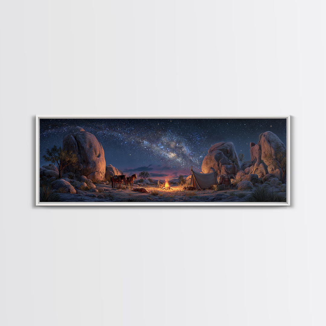 Milky Way Desert Camp With Wagon Framed Canvas Print, Western Night Sky Wall Art, Rustic Cabin Decor And Housewarming Gift For Him