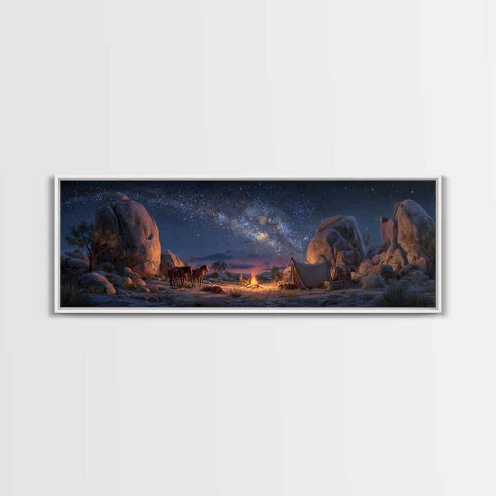 Milky Way Desert Camp With Wagon Framed Canvas Print, Western Night Sky Wall Art, Rustic Cabin Decor And Housewarming Gift For Him