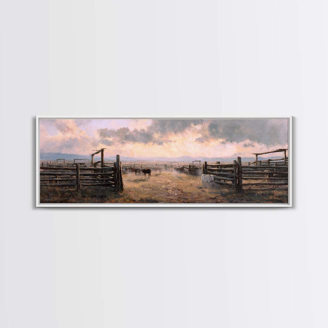 Rustic Cattle Corral At Sunset Wall Art, Western Ranch Canvas Print, Farmhouse Country Decor, Moody Landscape Gift For Him